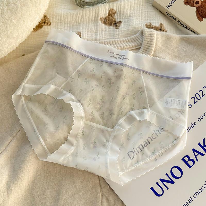 Women Fashion Sexy Lace Sheer Mesh Mid Waist Briefs Underwear