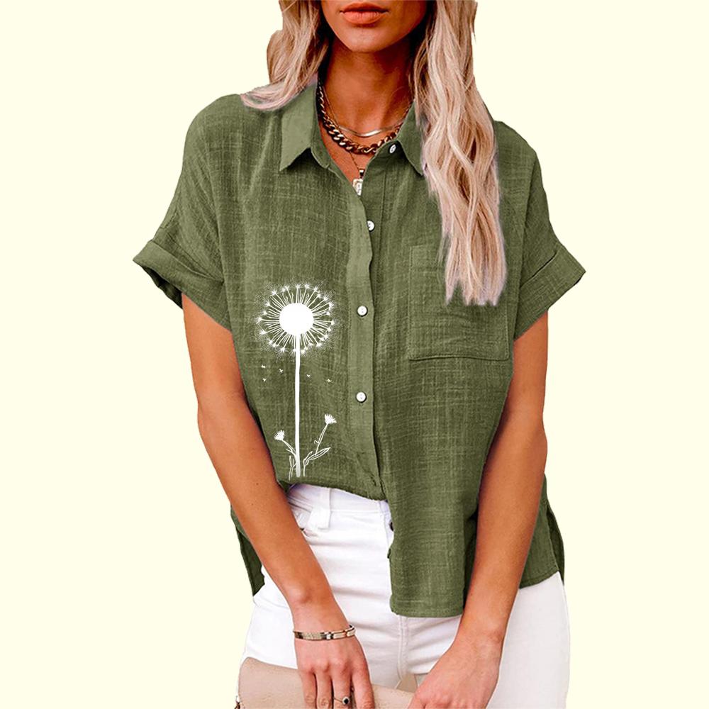 Большие размеры Женская модная блузка с цветочным принтом на пуговицах Льняной топ Женская повседневная свободная футболка с коротким рукавом