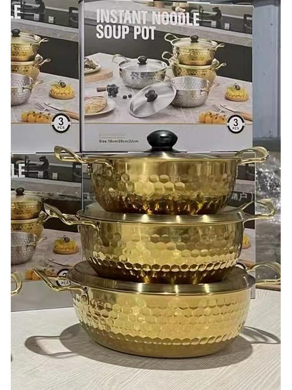 Золотая корейская кастрюля для лапши быстрого приготовления с молотковым узором из нержавеющей стали - многоцелевая кастрюля для лапши быстрого приготовления и супа с крышкой