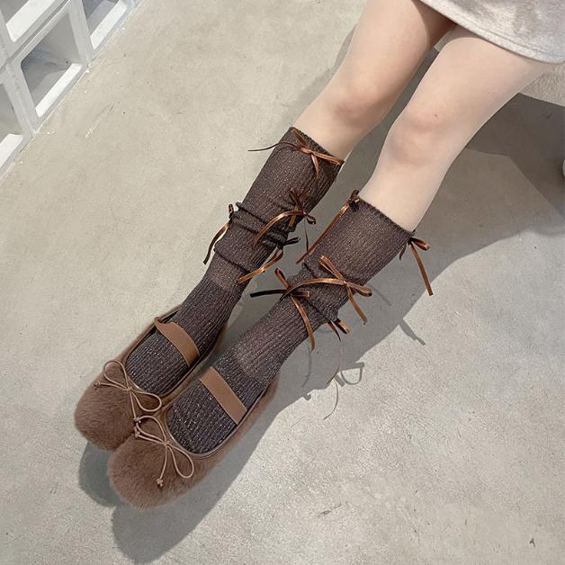 Balletcore Ribbon Tie-Up Ribbed Socks, Sparkly Lurex Knee High Slouch Socks with Bow Detail for Women Girls Y2K Lolita Fashion