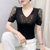 New European Clothes Women's Summer Rhinestone Butterfly T-Shirt Sexy V-Neck Casual Tees Puff Sleeve Tops