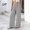 Women Casual Pants Striped Wide Leg Pants Summer Elastic Waist Breathable Trousers Loose Fit Palazzo with Pockets Daily Wear