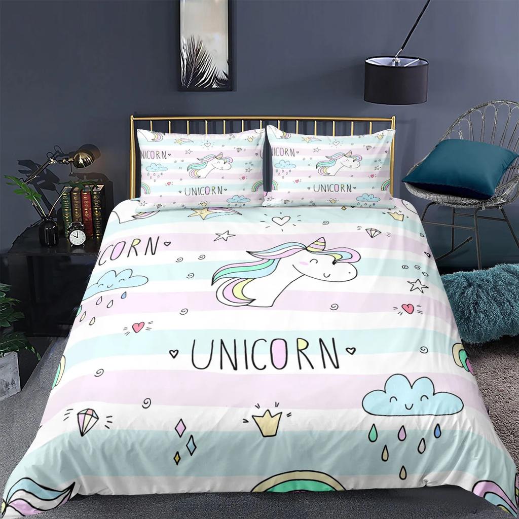 Unicorn Bedding Set King Queen White Pink Unicorn Duvet Cover For Girls Boys Dreamy Cartoon Sparkle Lilac Polyester Quilt Cover