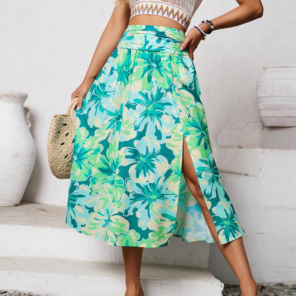 Женская весенняя юбка с цветочным принтом, летняя повседневная юбка А-силуэта с высокой талией и разрезами средней длины S-XL