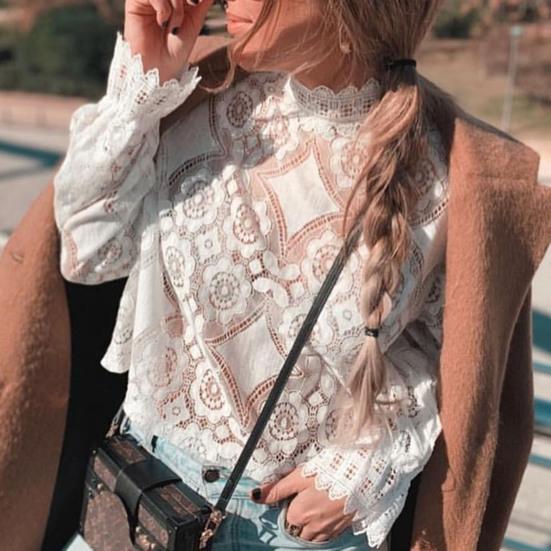 Воротник-стойка с длинными рукавами. Перспективная сексуальная рубашка. Вышивка. Цветочная вязаная крючком кружевная полая футболка. Топ. Уличная одежда.