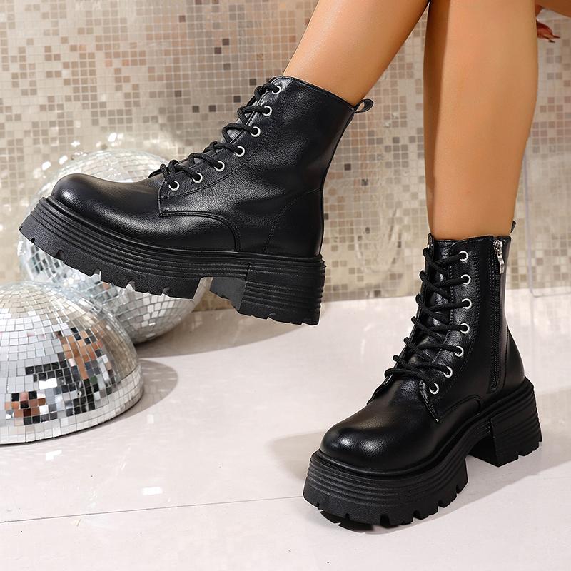 Модные массивные ботильоны на платформе для женщин, толстая подошва, нескользящие, черные, в стиле милитари, женские, осенняя мода, искусственная кожа, женские ботинки 2025
