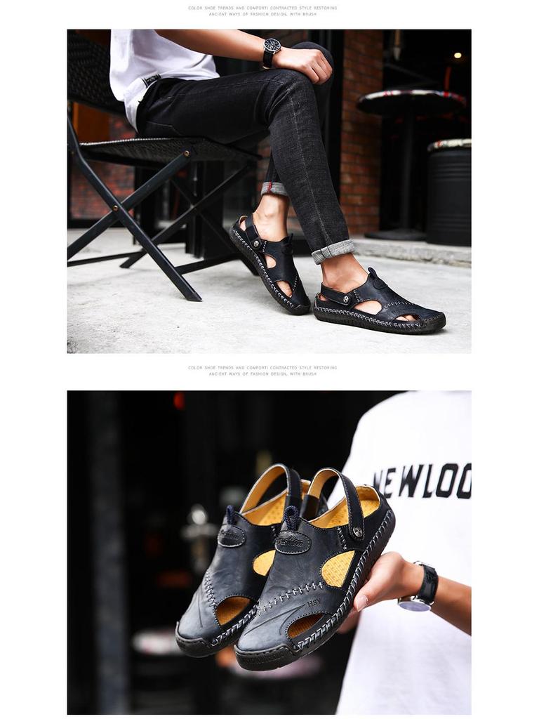 Мужские кожаные пляжные сандалии большого размера — модная летняя обувь с декоративными швами, идеально подходящая для повседневной носки на пляже или в городе.