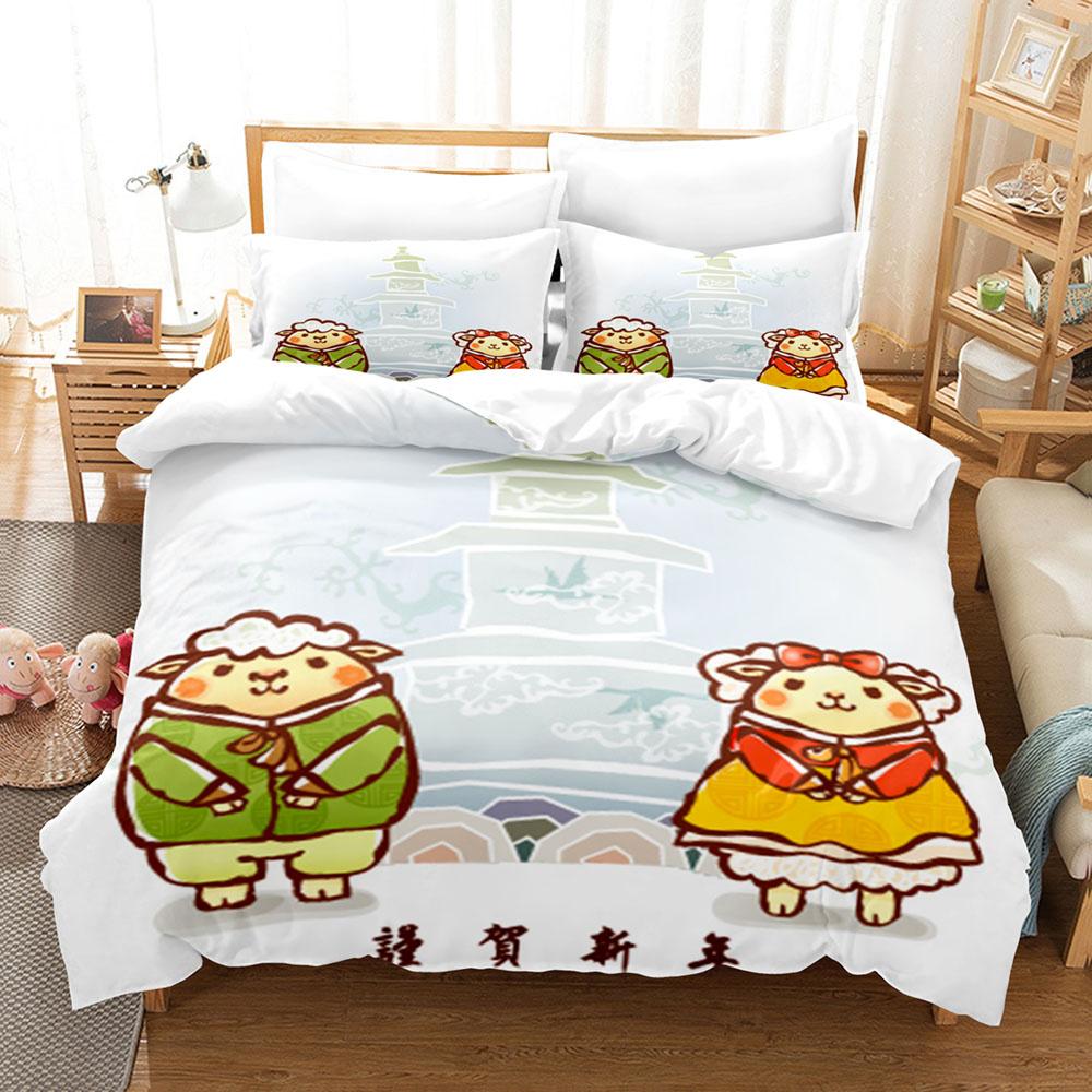 Комплект постельного белья с изображением мультяшной овцы, милый белый овечий цветочный узор, размер King Queen, полный размер для детей, подарок для мальчиков и девочек, комплект постельного белья из полиэстера