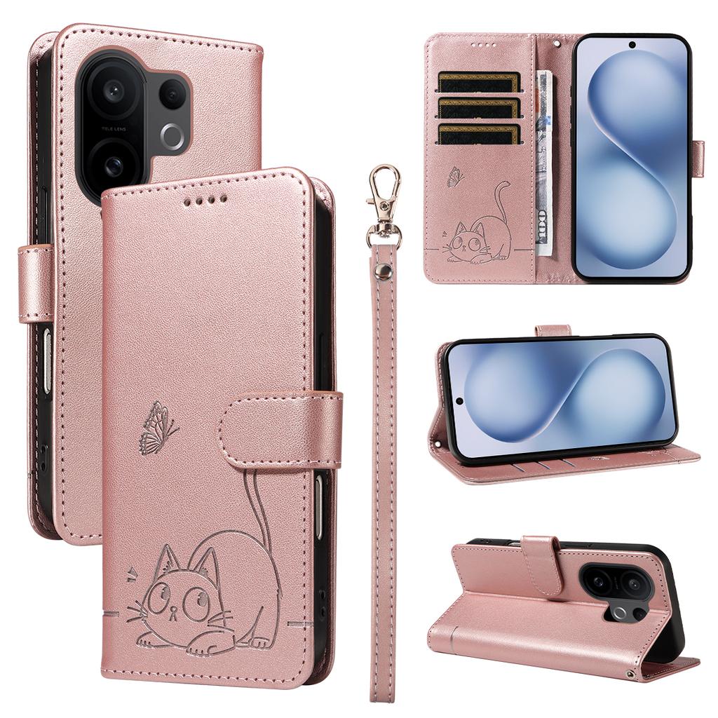 For vivo X200 FE 5G/vivo S30 Pro mini 5G Case Cat Pattern Imprint Leather Phone Cover with Wrist Strap