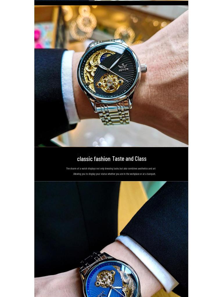 SEWOR Мужские полуавтоматические скелетонизированные часы-турбийон, светящиеся, водонепроницаемые, ретро, деловые