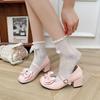 Women's Cute Lolita Cosplay Shoes Bow Mid Chunky Heel Platform Jane Pumps Buckle Strap Princess Uniform Wear Pink White