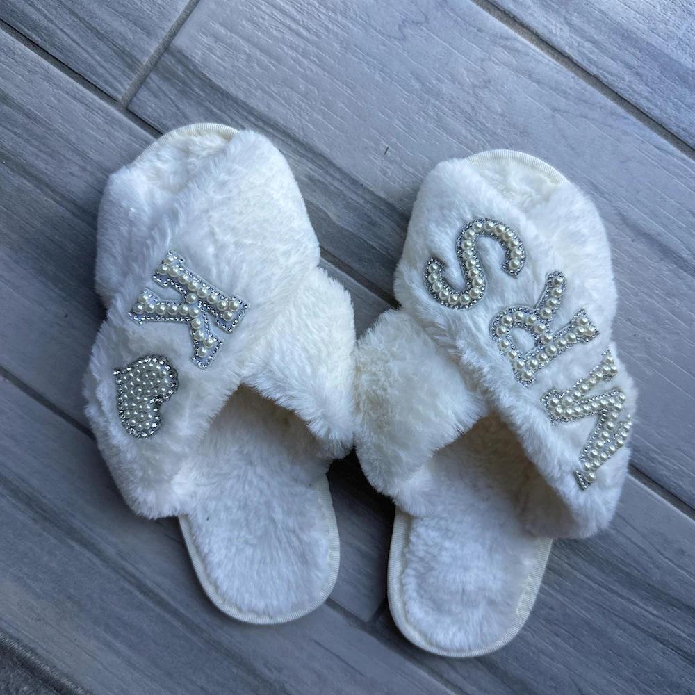Pearl Letter MRS Plush Cross-Band Slippers for Bridesmaids