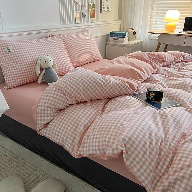 Набор из четырех предметов в клетку в японском стиле для осени и зимы, набор из трех предметов для студенческого общежития, комплект одеял из стиранного хлопка, постельные принадлежности