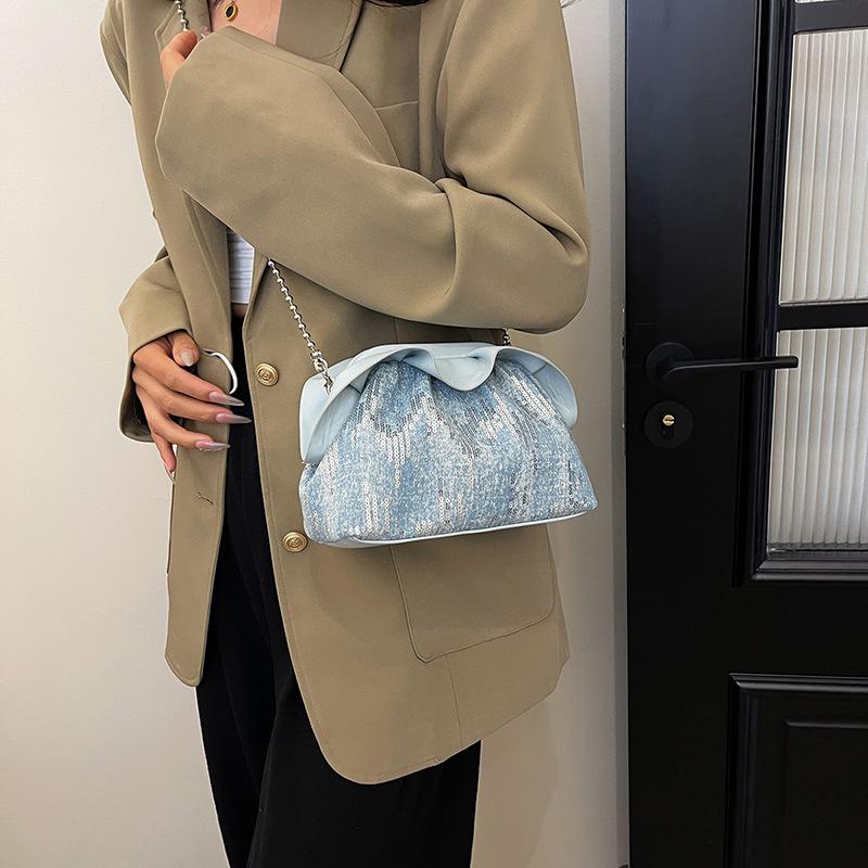 Folded cloud bag women's 2025 autumn new denim sequined clip bag premium chain shoulder messenger bag