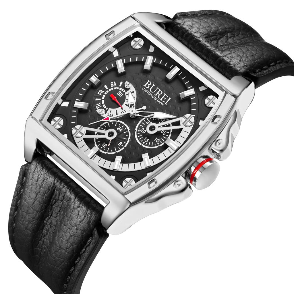 BUREI Men's Chronograph Analog Quartz Watch with Square Design, Waterproof, Black Leather Strap, Date Display, Selection
