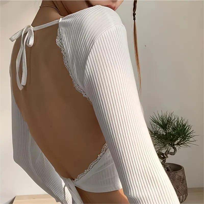 Сексуальный кружевной топ-камисоль на шнуровке с длинными рукавами и халтер-кроп-топ