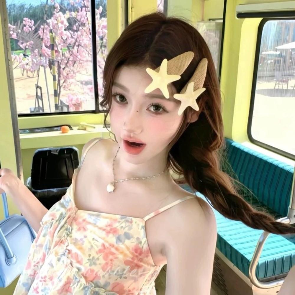 Korean Style Starfish Hair Clip Summer Weaving Style Barrette Straw Hat Hairpin  Hair Accessories