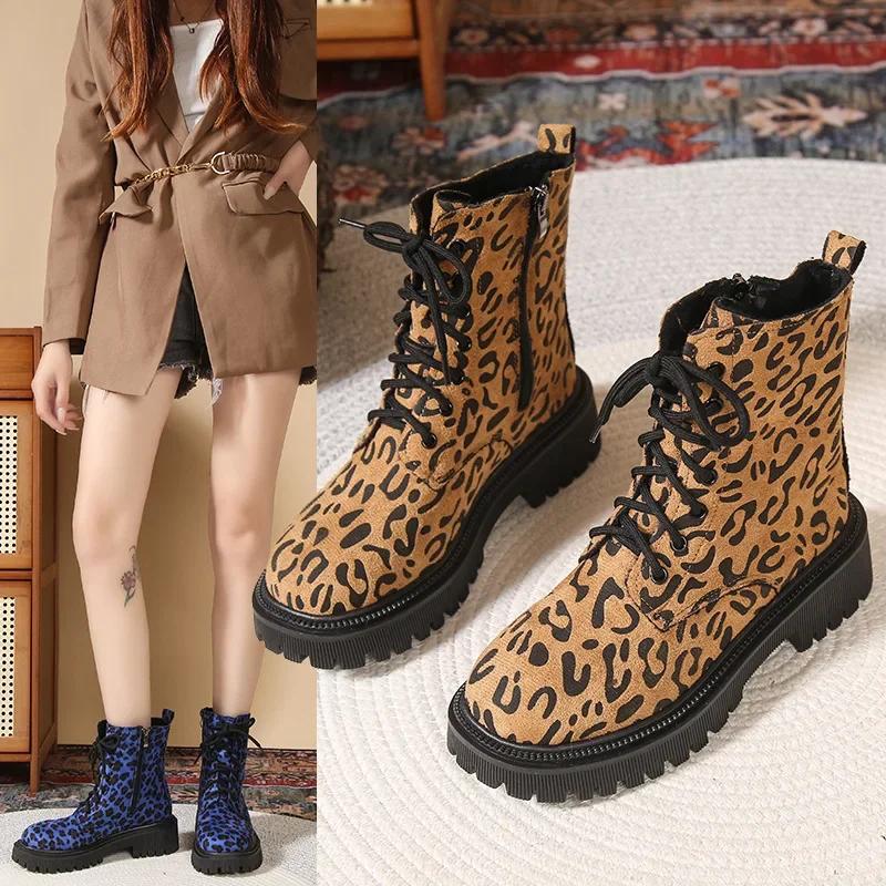 Fashion European American Leopard Print Short Boots 2024 Autumn Winter British Style Thick Soled Short Tube Motorcycle Boots for Women