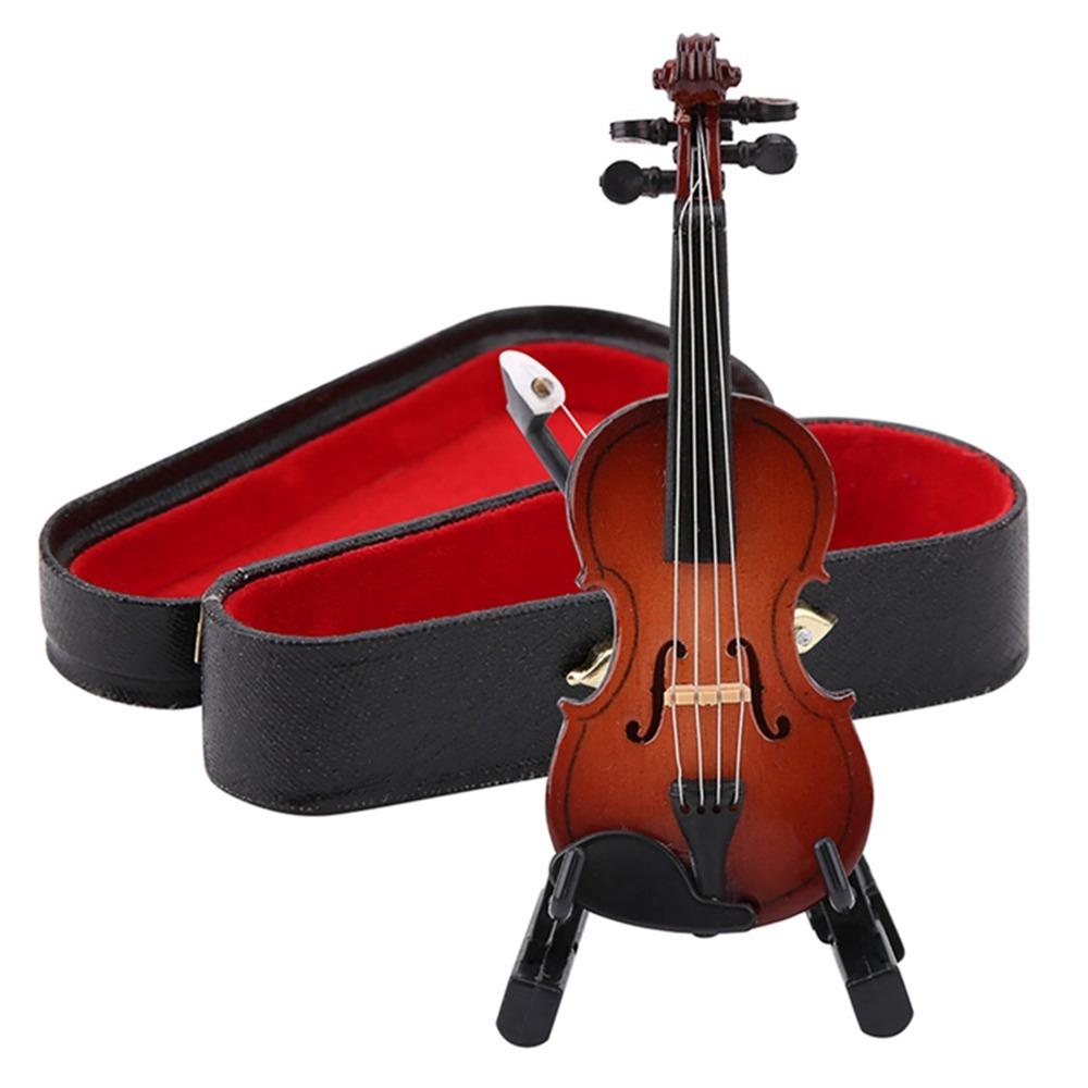 Wooden Miniature Violin Model With Bow Dollhouse Accessories Mini Violin Replica Gift