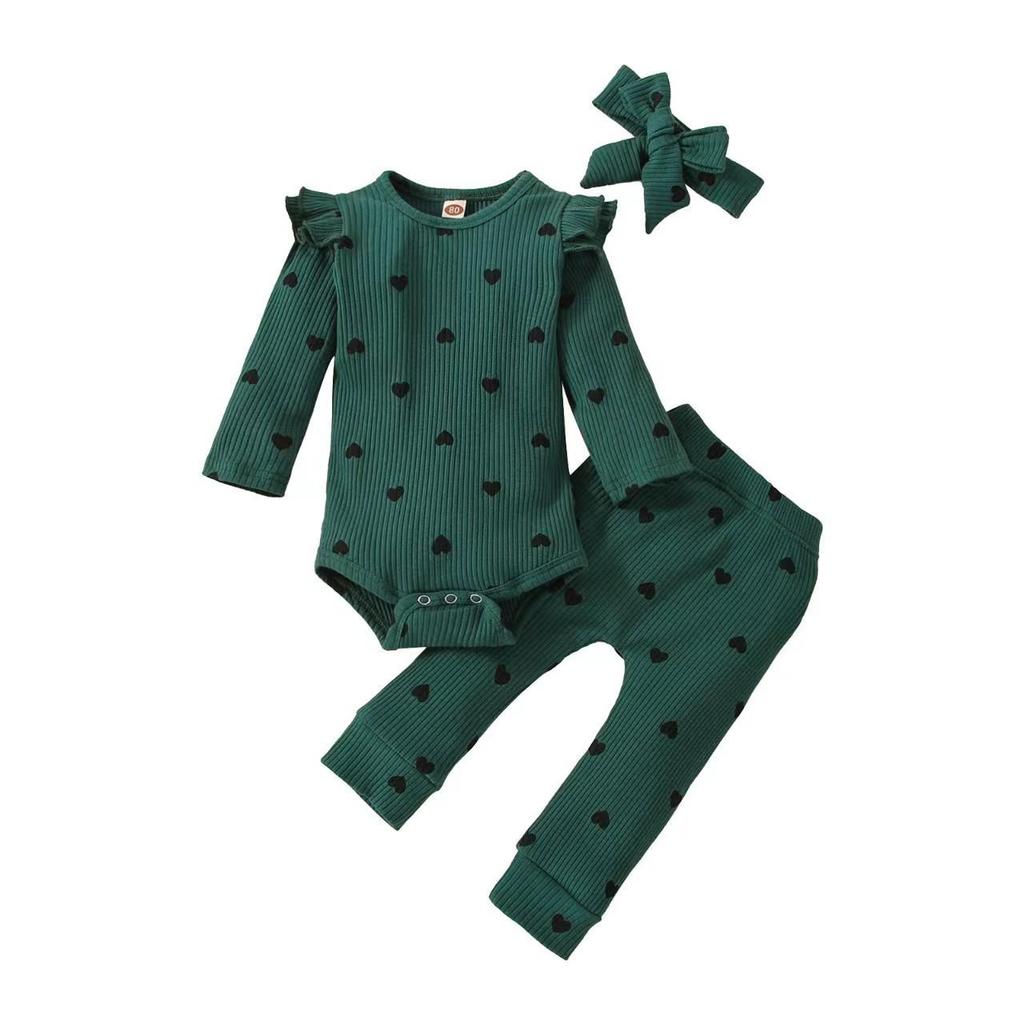 2023 Autumn/Winter Heart Print Romper for Baby Girls – Multicolor, Long Sleeve, Bowknot Accent
