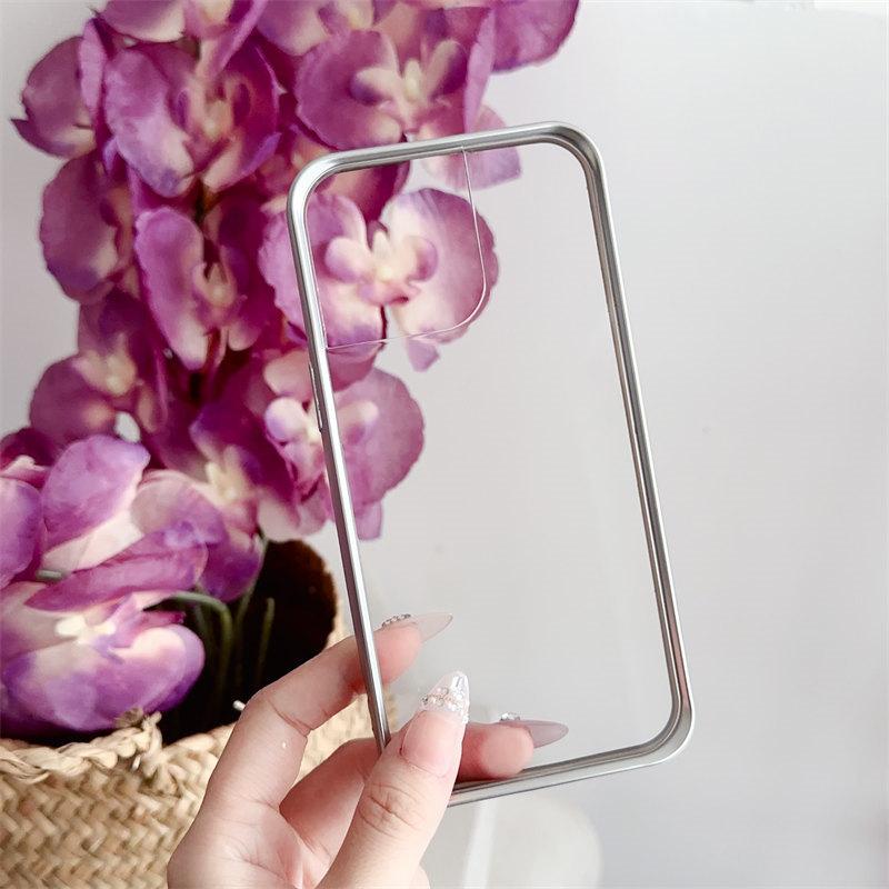American Korean Simple Plated Silver Border Acrylic Phone Case for iPhone 15 Pro Max 14 13 12 Pro 11 All-inclusive Fall Protection Cover