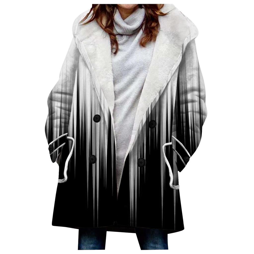 Женская большая куртка с теплой и плюшевой курткой на пуговицах с капюшоном и карманами