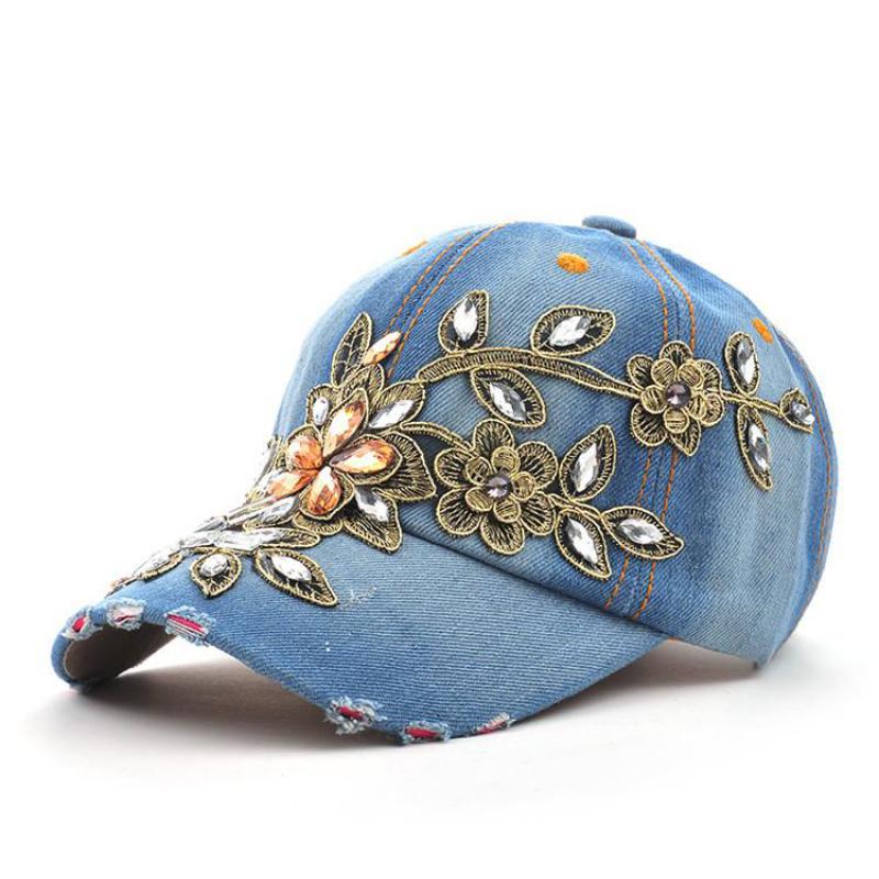 COKK Women's Baseball Cap Diamond Painting Embroidery Flower Denim Snapback Hats Jeans Woman Female Cap Cowboy Summer Sun Hat