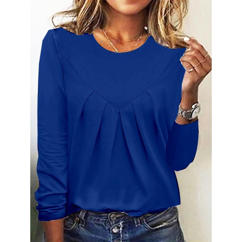 Daily Home Simple Elegant Women Pullover Top Wrinkled Base Shirt Long Sleeved T-shirt