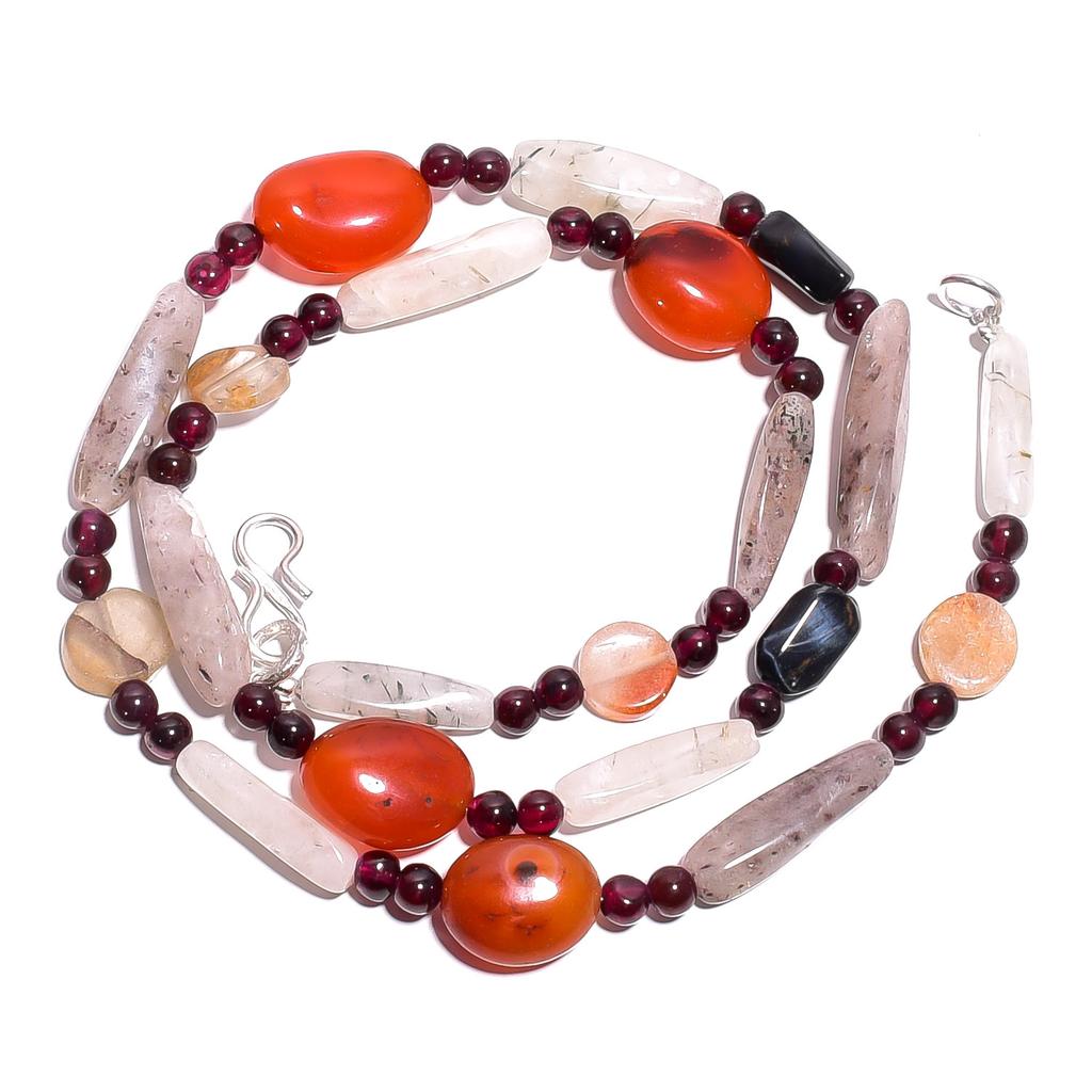 Natural Carnelian Rutile Quartz Garnet Gemstone Smooth Beads Necklace 17" UB4779 UB-4779
