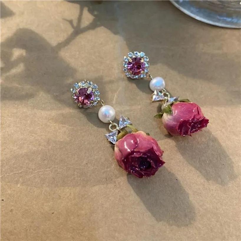 Винтажные серьги с натуральными настоящими цветами, серьги с бессмертными цветами, нишевый дизайн, серьги-подвески с пресноводным жемчугом для женщин, ювелирные изделия
