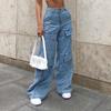 Women Patchwork Wide Leg Mom Jeans Big Pocket Cargo Pants Vintage Pants Casual Streetwear Denim Jeans