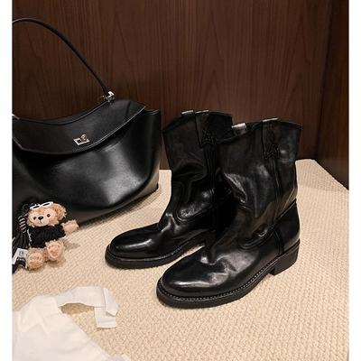 Вымытая коровья кожа~ виноградная материнская кожа ретро V-образный вырез полусапожки мотоциклетные сапоги толстый каблук ковбойские сапоги в западном стиле женские короткие сапоги