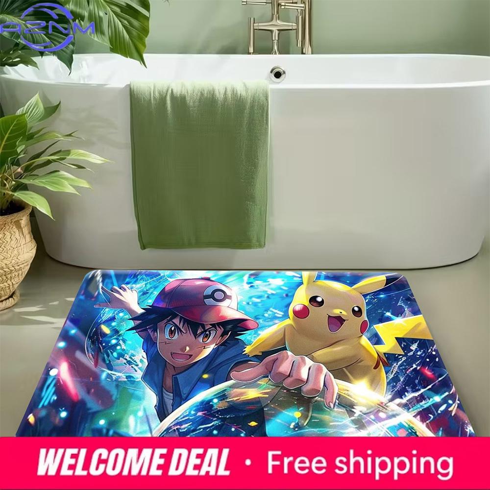 Pokemon Ash and Pikachu Adventure Print Non-Slip Doormat, Absorbent Floor Mat for Home Decor