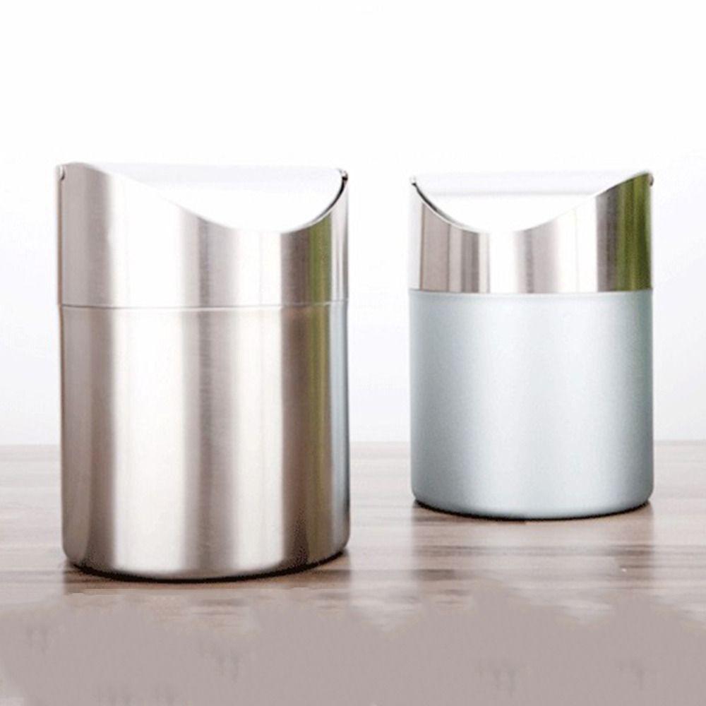 Stainless Steel Desktop Trash Can Rust-proof Creative Storage Bin Mini Flip Trash Can Bathroom