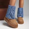 Plus Size Fleece-Lined Mid-Calf Warm Snow Boots New Fall/Winter Denim Thick-Sole Cuffed Cotton Boots
