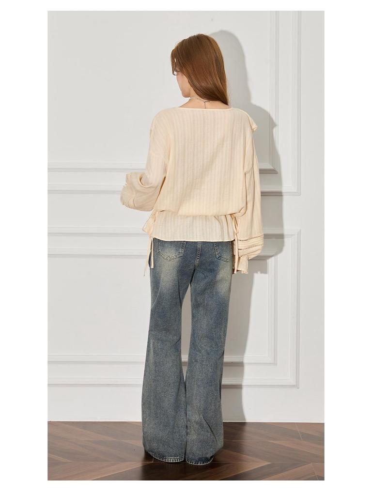 Women's French Apricot Ruffle V-Neck Lantern Sleeve Top