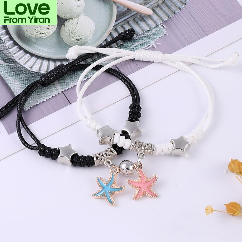 2pcs /Set Couple Charm Bracelet For Women Magnetic Attraction Ball Heart Key Lock Link Wrist Chain Best Friend Jewelry Gift Egirl