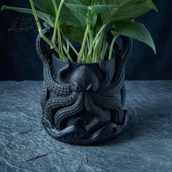 Unique Indoor Plant Holder 3D Printed Octopus Planter with Tray, Marine-Inspired Succulents Pot, Fantasy Style Container Pot Drainage Holes, Nautical