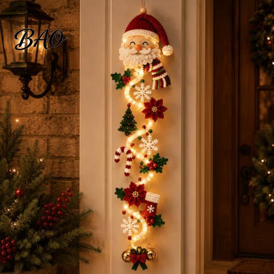 Handmade Look Xmas Ornament Glowing Christmas Door Hanger, Crochet Spiral with LED Lights, Snowman Santa Reindeer Lighted Holiday Hanger Angel