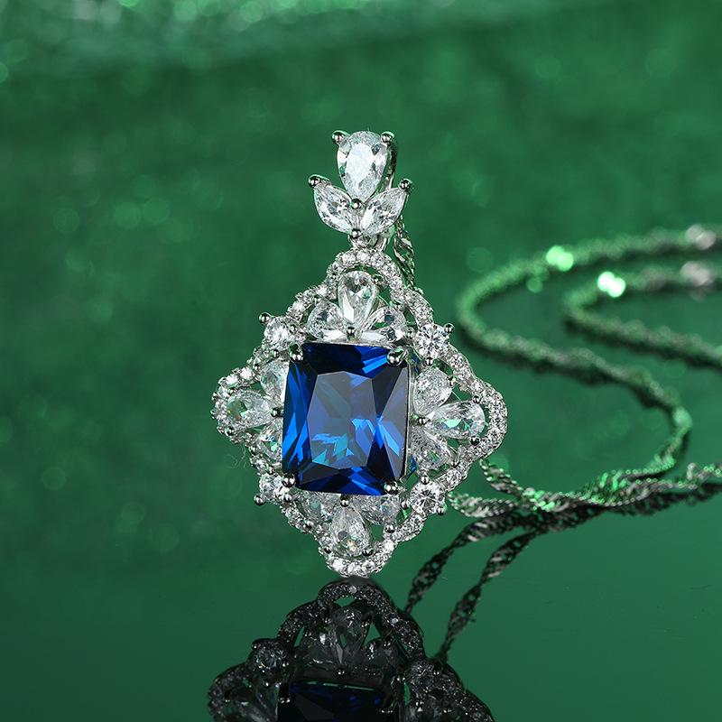 Серебряное ожерелье с квадратным кулоном S925 - Зеленый, Красный, Розовый, Синий варианты для женщин