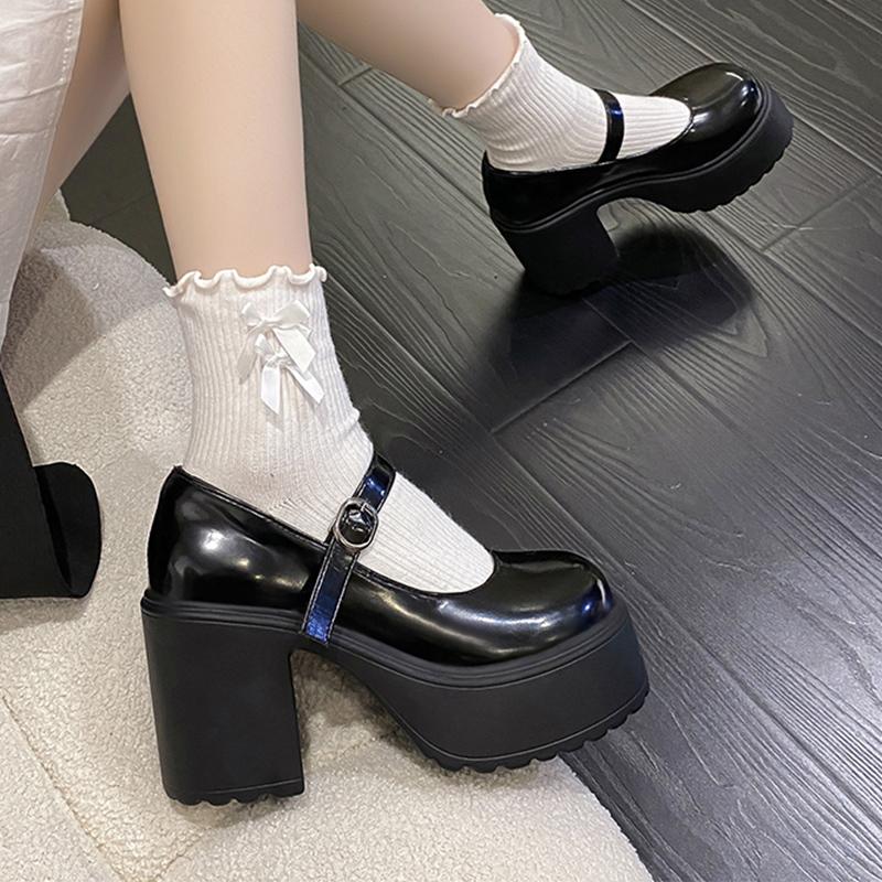 Модные туфли Мэри Джейн на очень высоком каблуке женские туфли с пряжкой на щиколотке на толстой платформе женские туфли в стиле Лолита из лакированной кожи на толстом каблуке женские