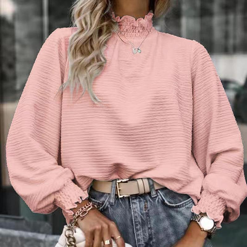 Fashion Ruffles Long Sleeve High Collar Solid Color Women Office Casual Pullover Shirt Blouse Top