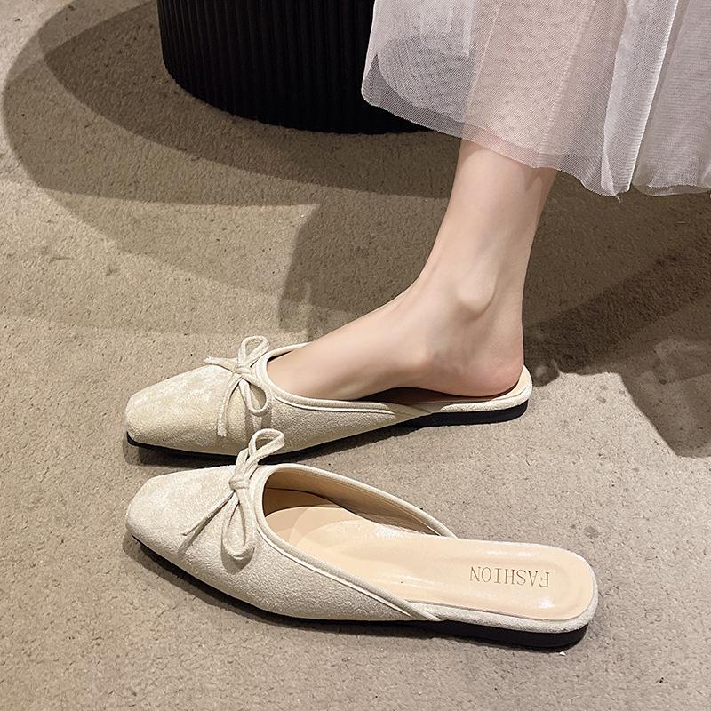 Retro Bow Thick Heel Half Slippers Women's Shoes Spring New One-pedal Ballet Half Drag Single Shoes