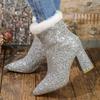 Женские серебристые ботильоны с пайетками, корейская мода, плюшевые, с острым носком, на высоком каблуке, короткие ботинки, зимняя, рождественская, повседневная обувь на платформе