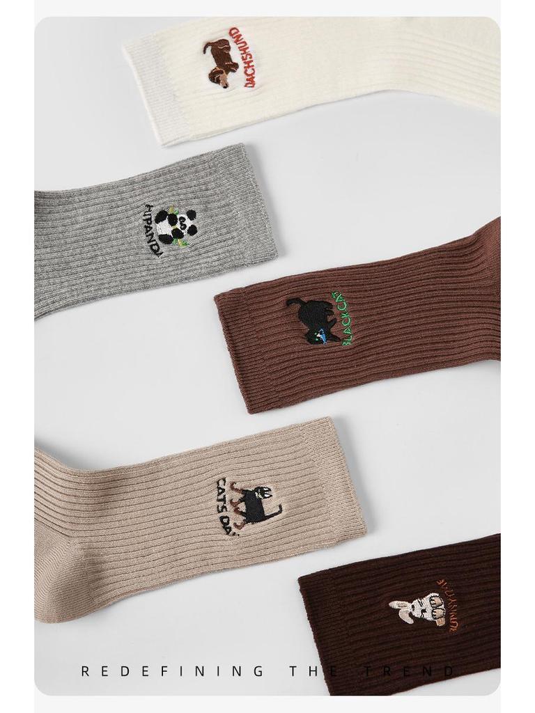 Женские носки до середины икры в стиле колледжа эпохи Возрождения, однотонные с вышивкой панды, тонкие и дышащие для весны и осени