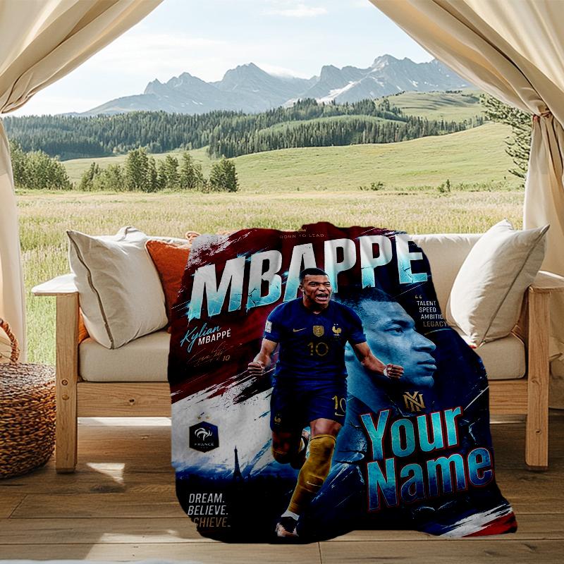 Custom Name Soccer star dynamic pose Flannel Fleece Blanket Cozy Warm Throw Blanket For Couch Bed Travel All Season Use