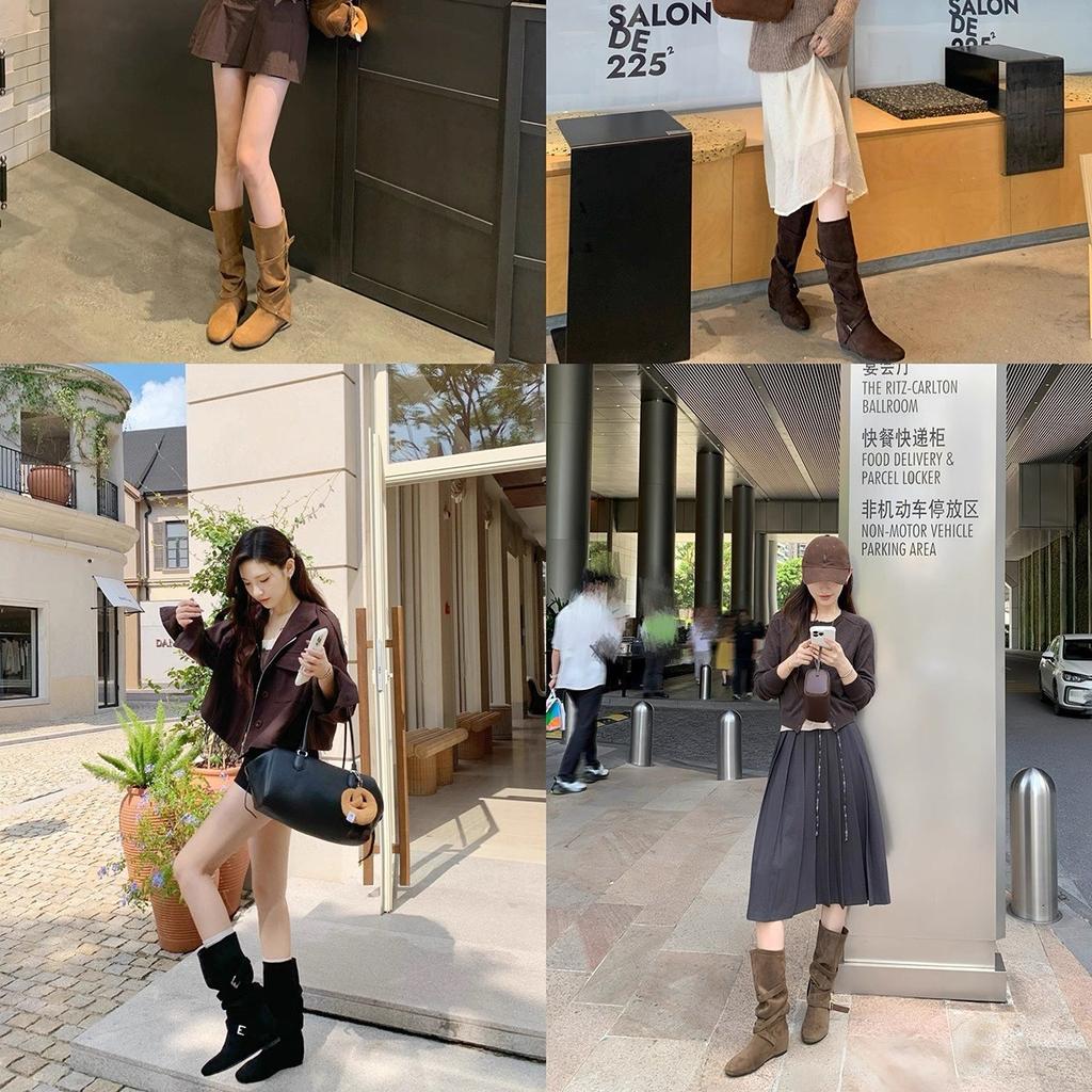 Cowhide~ Heel Height Increased 6cm, Genuine Leather Boots, Western Boots, Women's Pleated Stacking Boots, Medium Tube Buckle Strap, Thin Knight Boots