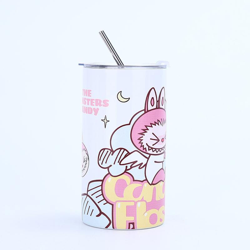 Мультяшный узор Лабубу из нержавеющей стали, изолированная чашка, простая кофейная чашка с соломой