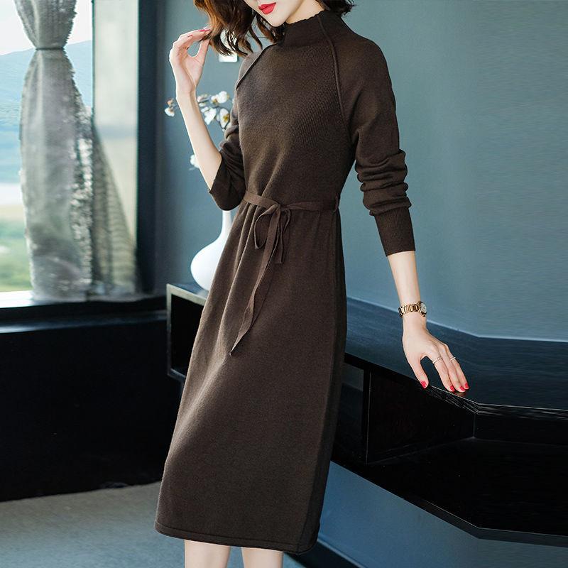 Повседневное платье-свитер для женщин, средней длины, с высоким воротником, вязаный свитер, большого размера, однотонный пуловер, вязаное платье с длинными рукавами