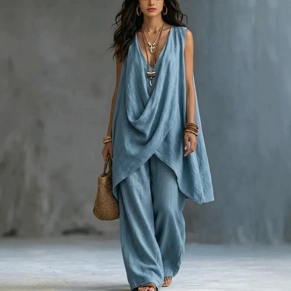 2026 spring and summer cross-border new Amazon women's sleeveless stand-up collar solid color temperament loose cotton and linen fashion style suit